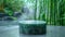 Empty product podium of jade-green round polished stone in Zen style against background of misty mystical bamboo forest