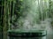 Empty product podium of jade-green round polished stone in Zen style against background of misty mystical bamboo forest