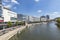 empty promenade at the river Saar in Saarbruecken. Ships anchor at the pier