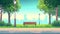 An empty public garden with wooden benches, lanterns, green trees, and grass. Modern parallax background for 2D