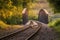 Empty railroad forest at sunset. Wonderful atmospheric landscape.