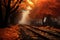 Empty railway tracks with orange autumn trees background