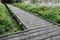 Empty raised timber footpath seen at the entrance to a distant nature reserve.