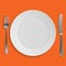 Empty realistic dinner plate, knife and fork