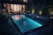 Empty rectangular blue swimming pool with sunbeds. Modern luxury pool evening view. Generative AI