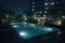 Empty rectangular blue swimming pool with sunbeds. Modern luxury pool evening view. Generative AI