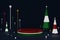 Empty red and green cylindrical podium with christmas pine tree with star and balls