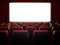 Empty red movie theater seats and blank cinema screen. 3D illustration