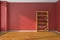 Empty red room wooden bookshelf interior