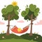 Empty red Summer hammock with trees and landscapes on the background. Nature tourism. Sun and clouds. Flat vector design