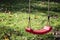 Empty red swing on children playground in the park in autumn season. Missing child. Lonely swing