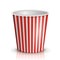 An empty red-and-white striped bucket of popcorn.