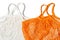 Empty reusable cotton shopping string bags on white background. Eco friendly net bags or shoppers. Rejection of plastic, zero
