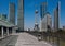 Empty road marble floor with city landmark buildings