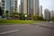 Empty road surface floor with City streetscape buildings