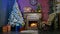 An empty rocking chair beside a Christmas fireplace. New year background.