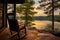 an empty rocking chair on a wooden deck patio overlooking a peaceful lake