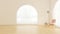 Empty room with arched window and white wall, Minimalist armchair and side table, floor lamp. 3D rendering