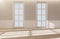 Empty room beige tone with empty walls on the sides and glass windows . Can look out of the room and sunlight enters the room. 3d