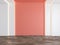 Empty room with coral, pink color blank wall, hidden light, parquet wood floor.