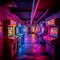 Empty room illuminated by bright lights featuring multiple arcade machines. AI-generated.