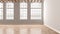 Empty room interior design, open space with big panoramic wooden arched windows, classic vintage parquet wooden floor, wooden roof
