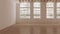 Empty room interior design, open space with big panoramic wooden arched windows, classic vintage parquet wooden floor, wooden roof
