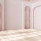 Empty room interior design, open space with bleached parquet floor, classic arched niche and door, white walls, modern