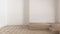 Empty room interior design, open space with herringbone parquet wooden floor, white walls, wooden steps, modern architecture idea