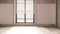 Empty room interior design, open space with parquet floor, big window with venetian blinds, bleached wooden and white walls,