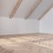 Empty room interior design, open space with parquet floor, bleached wooden sloping ceiling, white walls, modern japandi