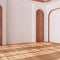 Empty room interior design, open space with parquet floor, classic arched niche and door, white walls, modern architecture concept