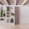 Empty room interior design in white and beige tones with copy-space. Bleached wooden ceiling and parquet floor. Shelves and niches