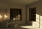 An empty room with a modern renovation in the evening with burning wall lights. 3d render
