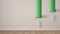 Empty room with paint rollers and painted wall, wooden floor, white and green minimalist interior design