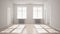 Empty room with parquet floor, big windows, doors and radiators, white interior design