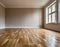 Empty room with parquet floor and window. Furnished with wooden floor. AI-generated image