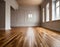 Empty room with parquet floor and window. Furnished with wooden floor. AI-generated image