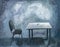 Empty room with table and chair. Acrylic painting. Surreal atmosphere. Blue Monday