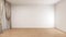 Empty room with white wall, parquet floor, and white vitrage, three beige curtain on the side