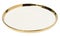 Empty round ceramic white plate with a gilded edge on a white isolated background, top view