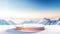 Empty round glass podium on beautiful snowy mountain landscape background with clean sky