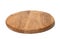 Empty round wooden kitchen cutting board, pizza stand. White background