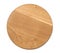 Empty round wooden kitchen cutting board, pizza stand. White background