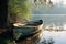 an empty rowboat sits on the shore of a body of water