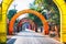 empty rural Indian road decorated with bright colorful flags for hindu holiday