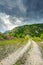 Empty rural road through rugged terrain