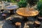Empty rustic round wooden table and stools in park  in Kemer, Turkey