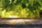 Empty rustic table in front of green spring abstract bokeh background. product display and picnic concept.