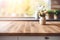 Empty rustic wood table in front of a kitchen, blurred background, ai generative illustration